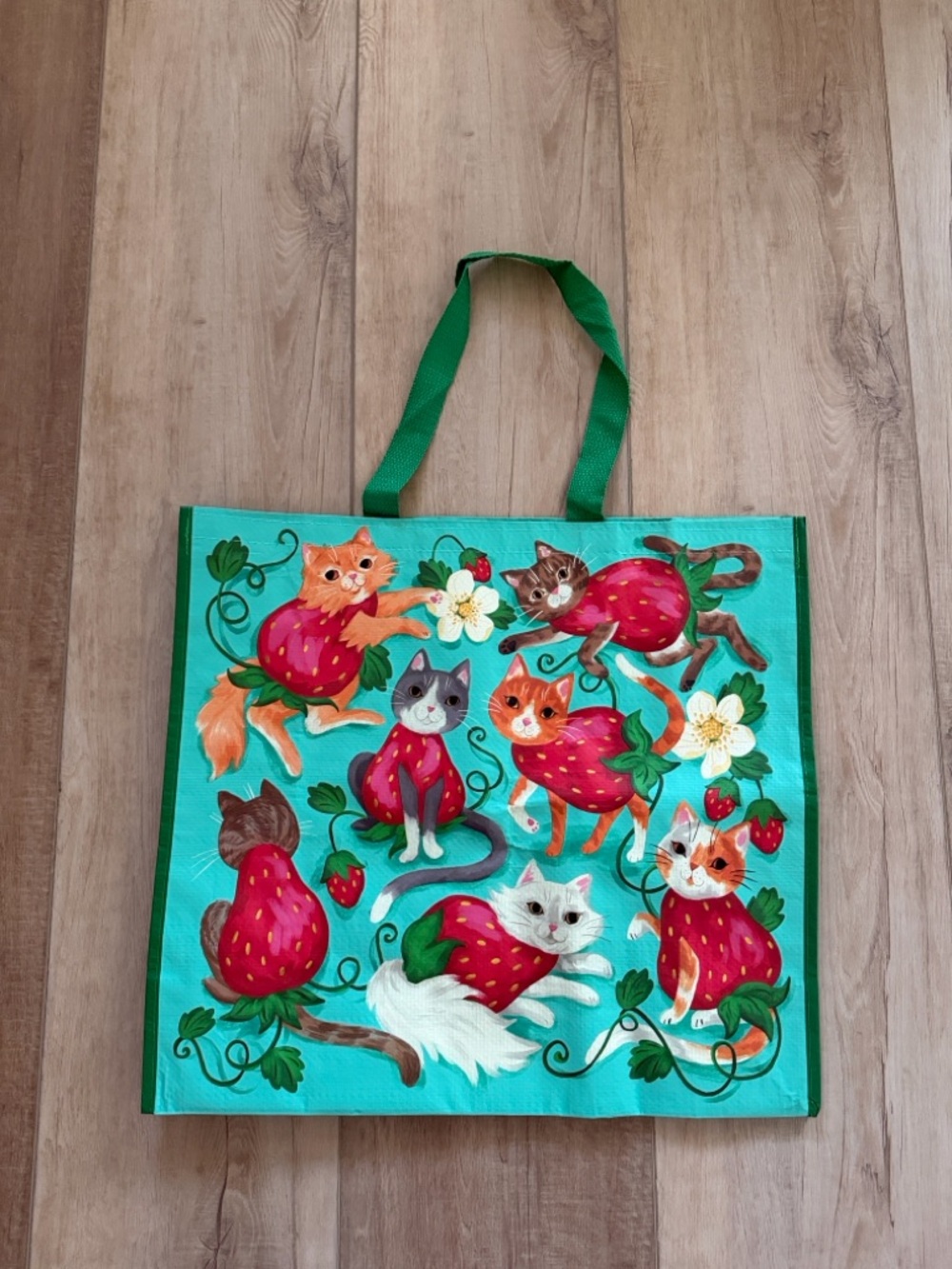 Cat strawberry print reusable tote bag